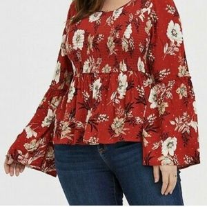 Red Terracotta Floral Crinkled Gauze Babydoll Top